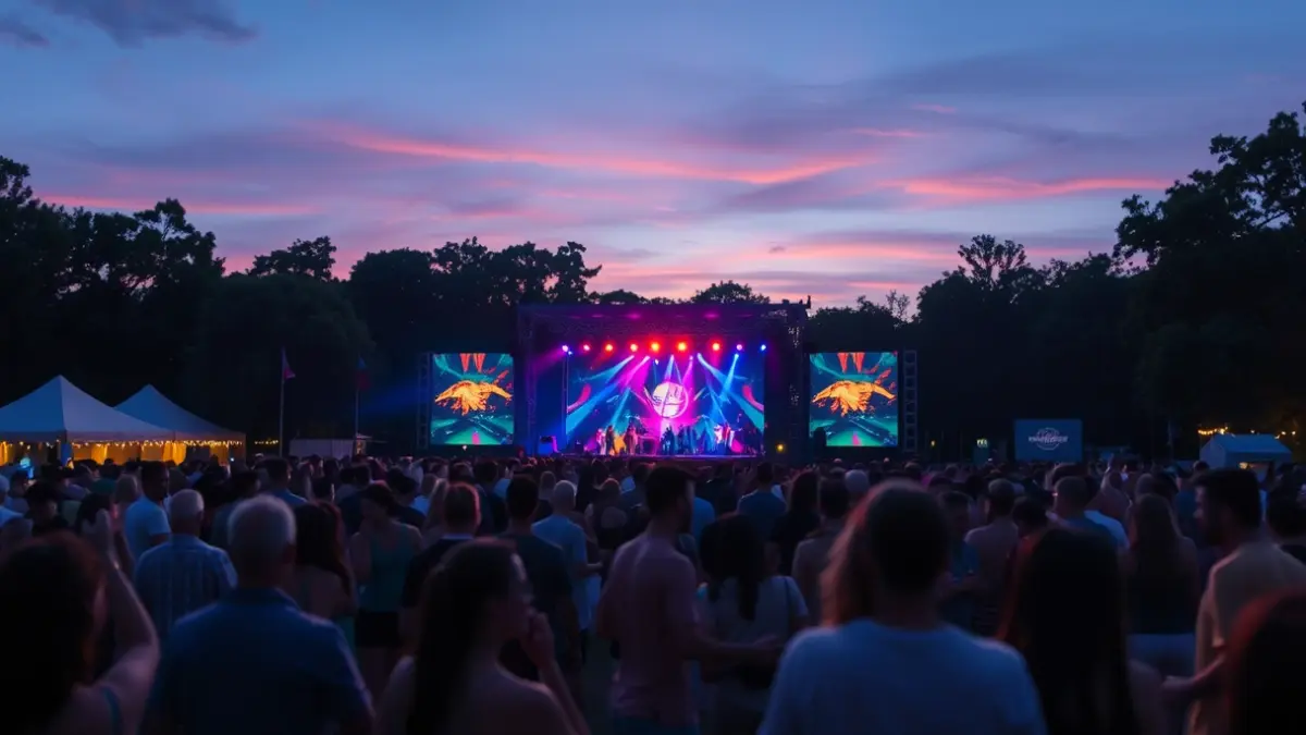 Imagen genérica de un festival de música electrónica en un parque al anochecer, con luces de colores y gente bailando.