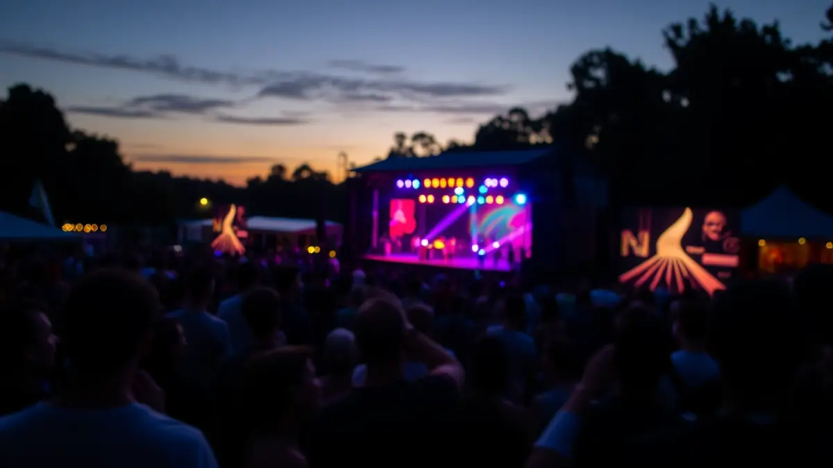 Imagen genérica de un festival de música electrónica al aire libre, con luces de colores y gente bailando.