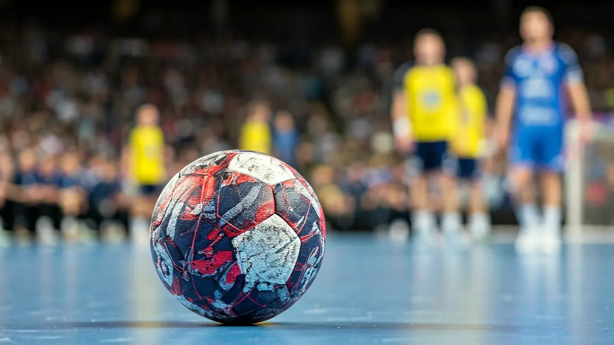 Imagen genérica de un balón de balonmano en la cancha, con jugadores desenfocados al fondo.