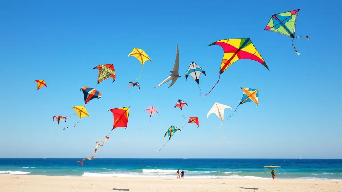 Imatge genèrica de cometes de colors volant en una platja.