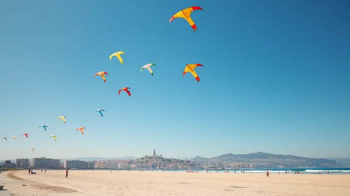 Imatge genèrica de cometes de colors volant en un cel blau sobre una platja.
