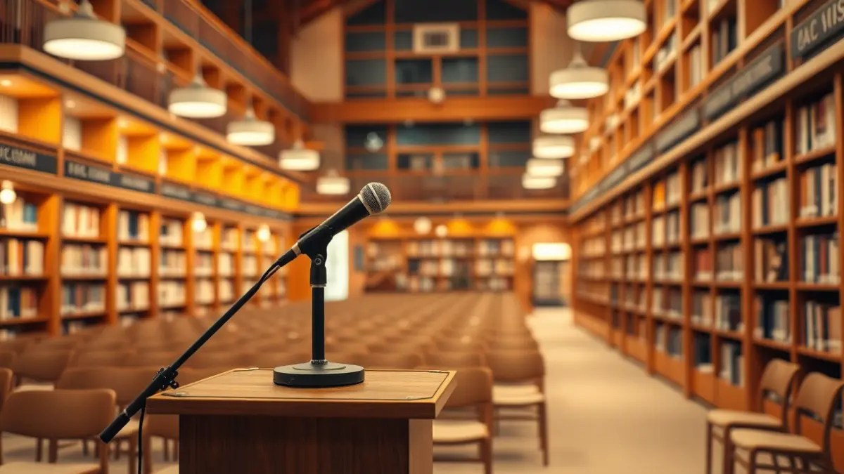 Generic image of a library interior with a microphone on a podium, warm lighting, and empty chairs, evoking a cultural atmosphere.