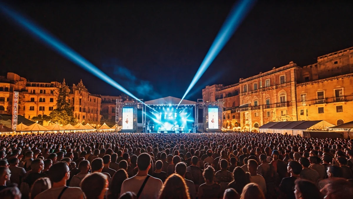 Image of a music festival with a crowd and stage lights.