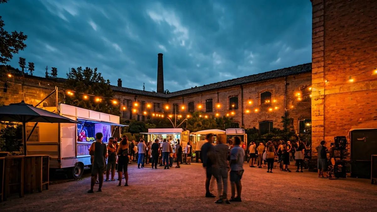 Imagen de un festival al aire libre con música y food trucks en un jardín histórico