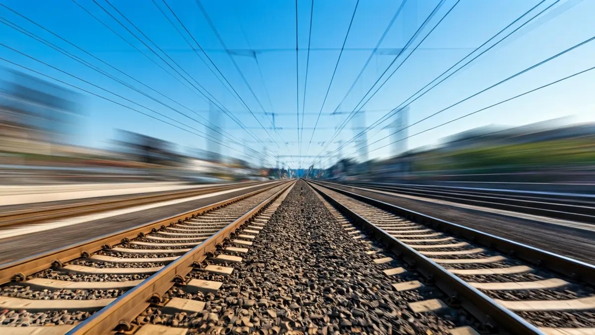 Imatge genèrica de vies de tren modernes amb senyals lluminosos al fons.