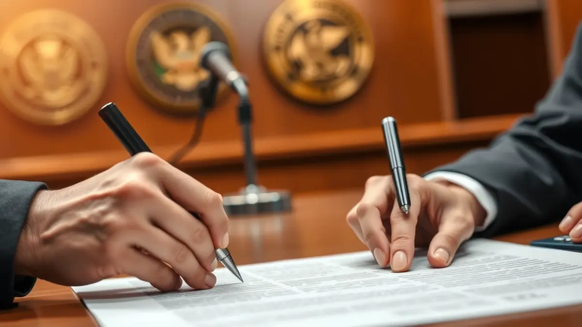 Imagen genérica de manos firmando un documento oficial en una mesa de madera.