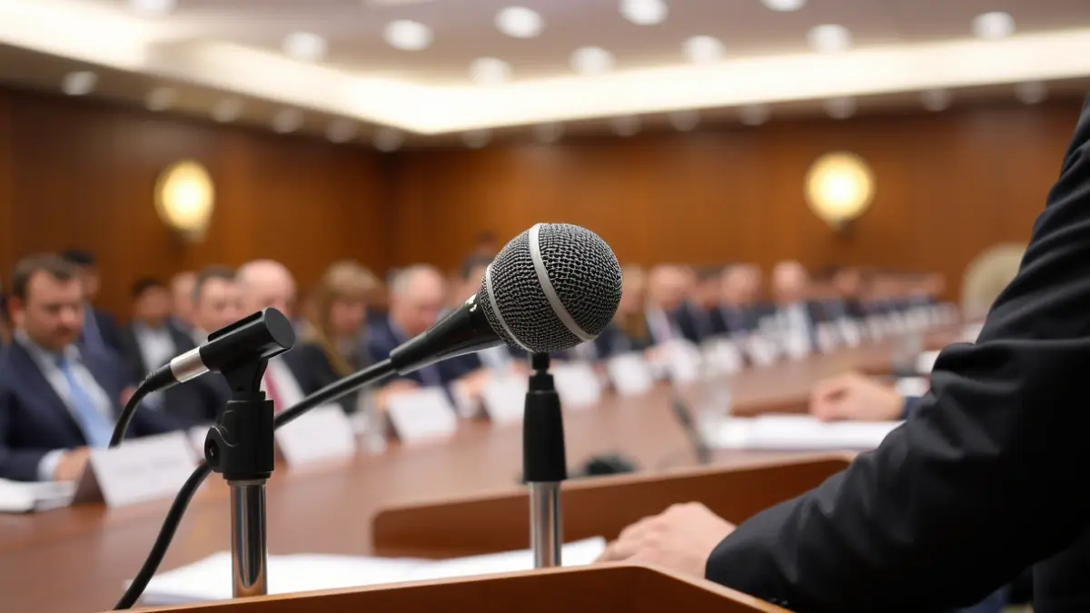 Generic image of a microphone on a podium, representing a government meeting or press conference.