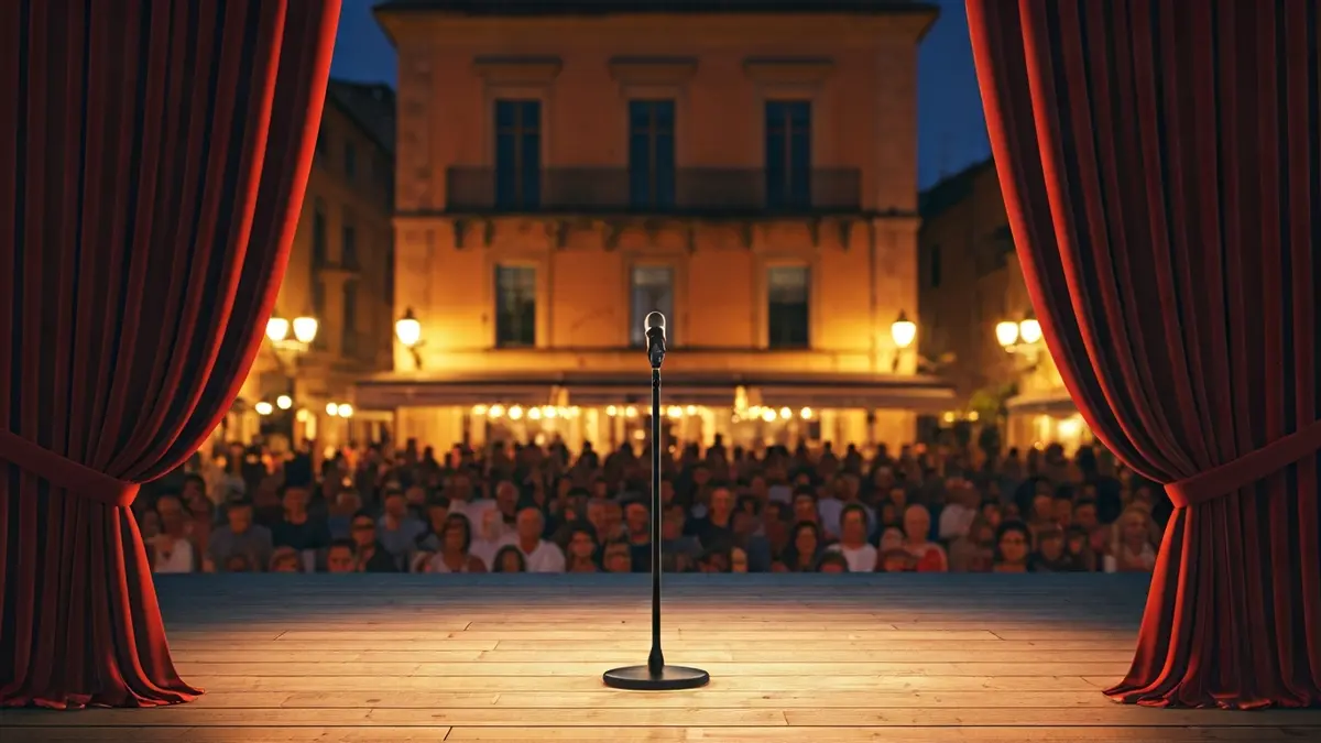 Imagen de un escenario con cortinas y un micrófono en una plaza, con público difuminado.