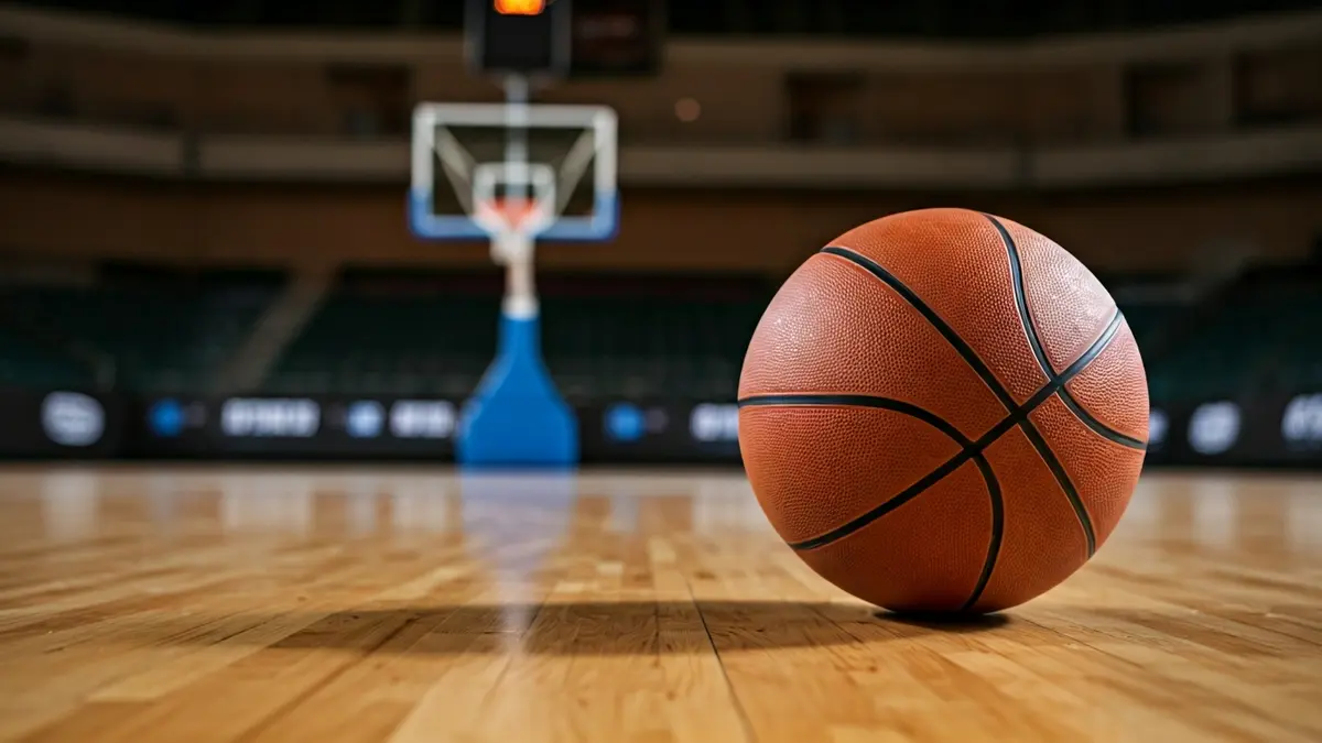Generic image of a basketball on a wooden court.