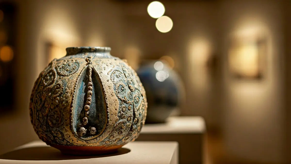 Imagen de una pieza de cerámica artística con detalles intrincados, expuesta en una galería.