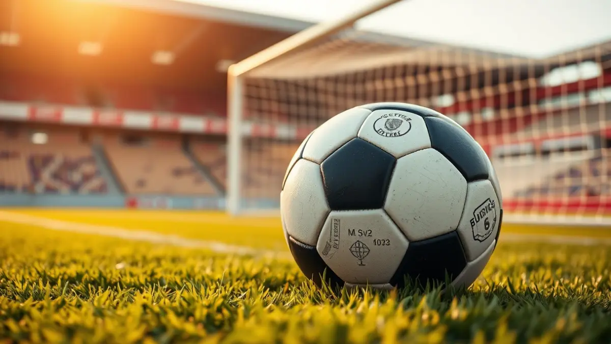 Generic image of a soccer ball on a green field, with a blurred goal net in the background.