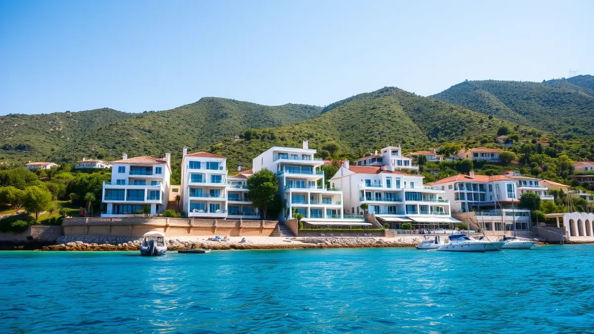 Image of luxury homes on the Castellón coast, with the Mediterranean Sea in the background.