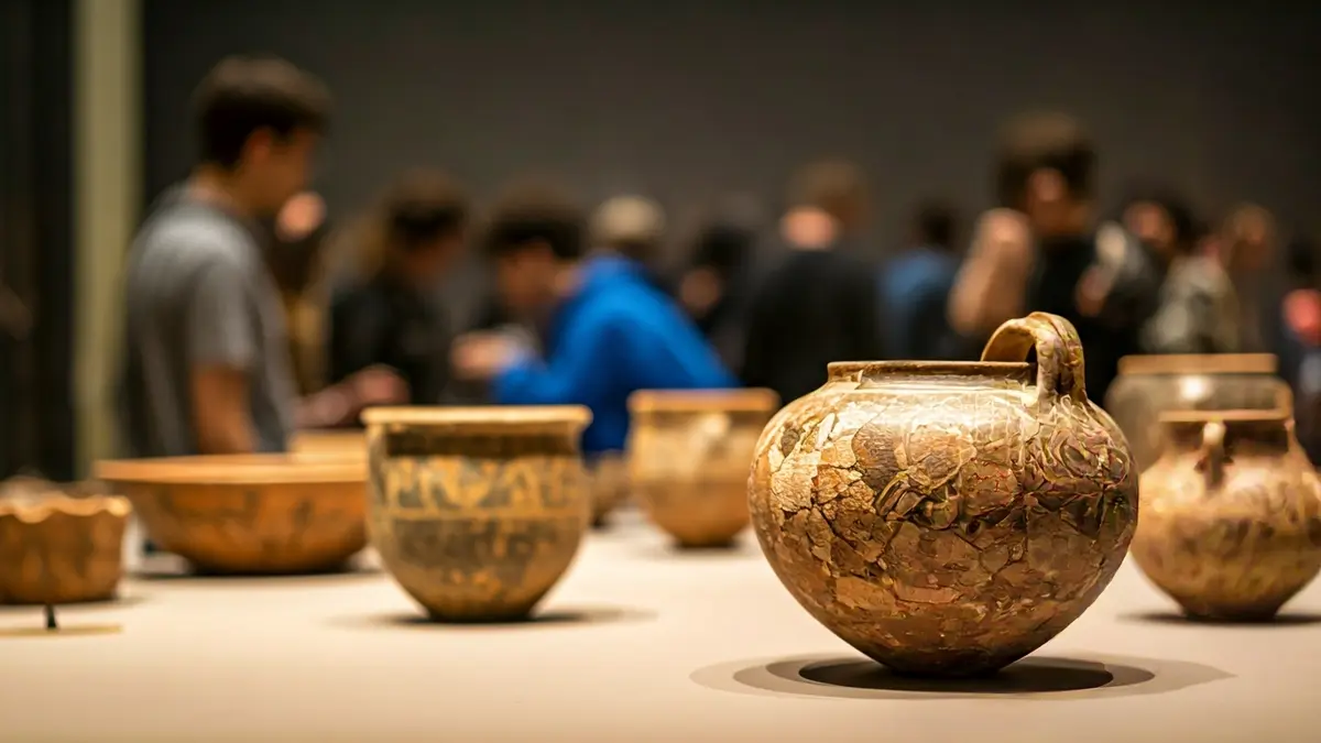Image of students observing ancient pottery in a museum.