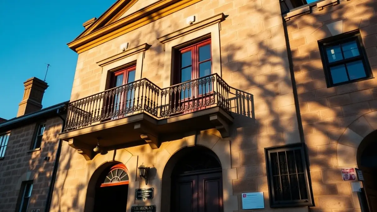 Façana d'un ajuntament de pedra amb balcó ornamentat i baranes de ferro, amb la llum del sol de la vesprada projectant ombres sobre les parets de gres, cel blau.