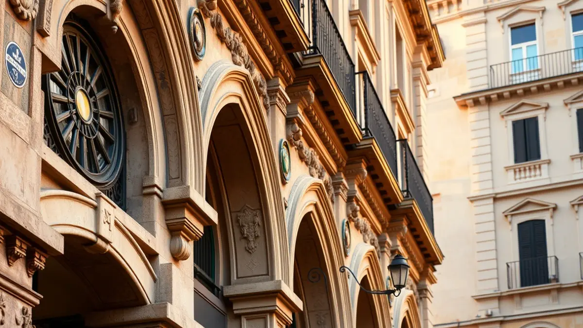 Image of the facade of València's Central Market, with ceramic and stone details under sunlight.