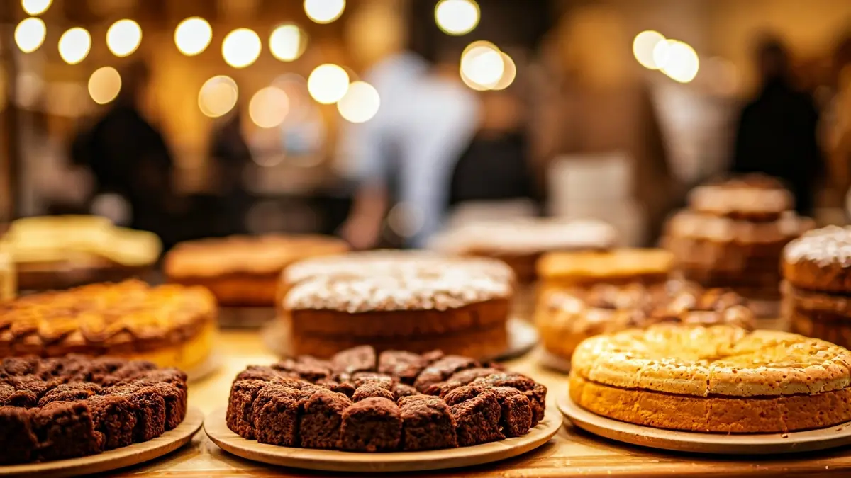 Imatge genèrica d'un lloc de mercat amb pastissos casolans i productes per a degustar.