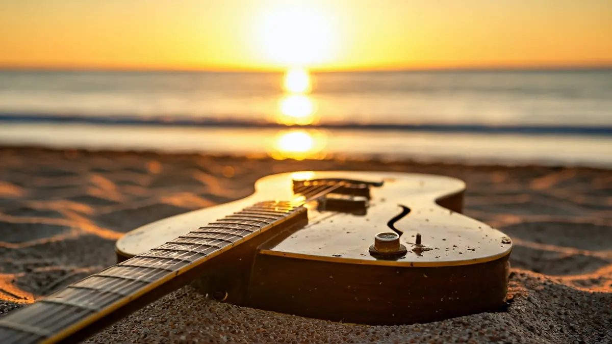 Generic image of a blues guitar on a beach at sunset, with blurred waves in the background.