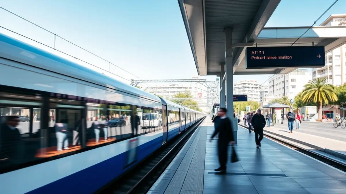 Imatge genèrica d'una estació de tren moderna amb un tren arribant i figures borroses de persones.