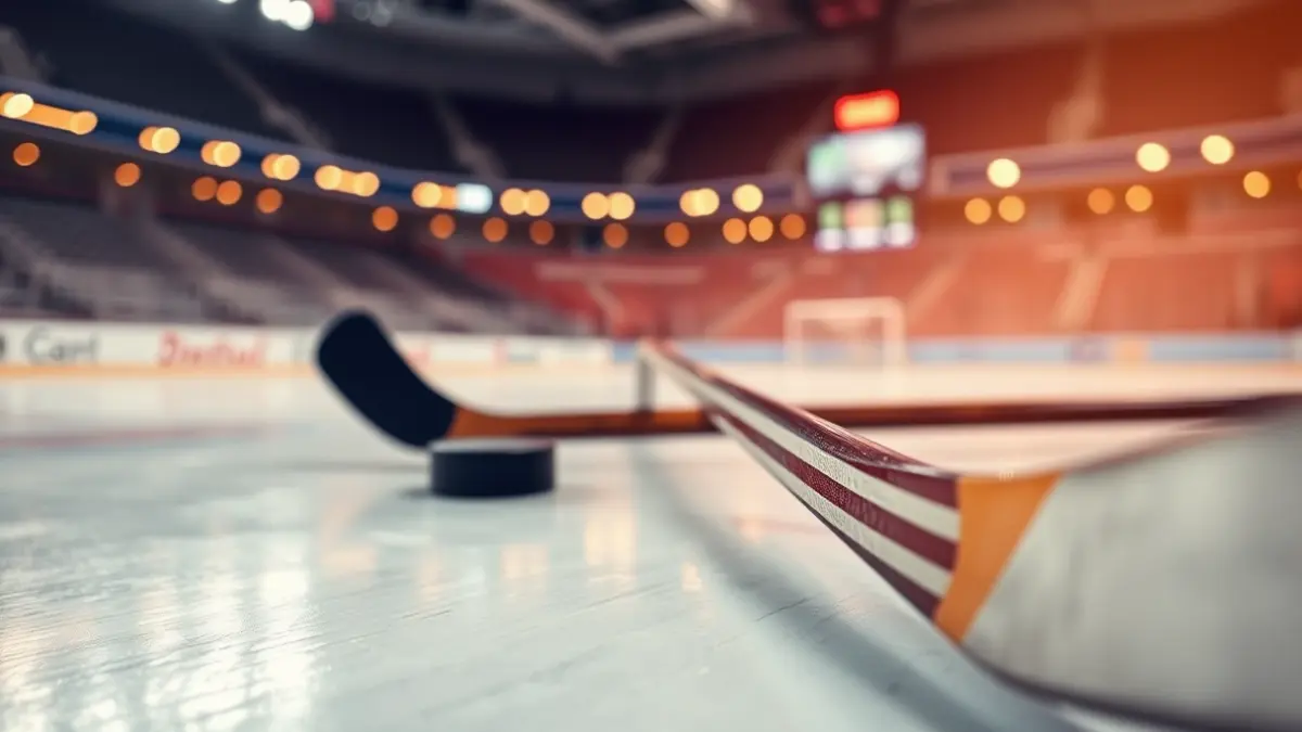 Imagen genérica de un stick de hockey y un disco sobre una pista de madera.