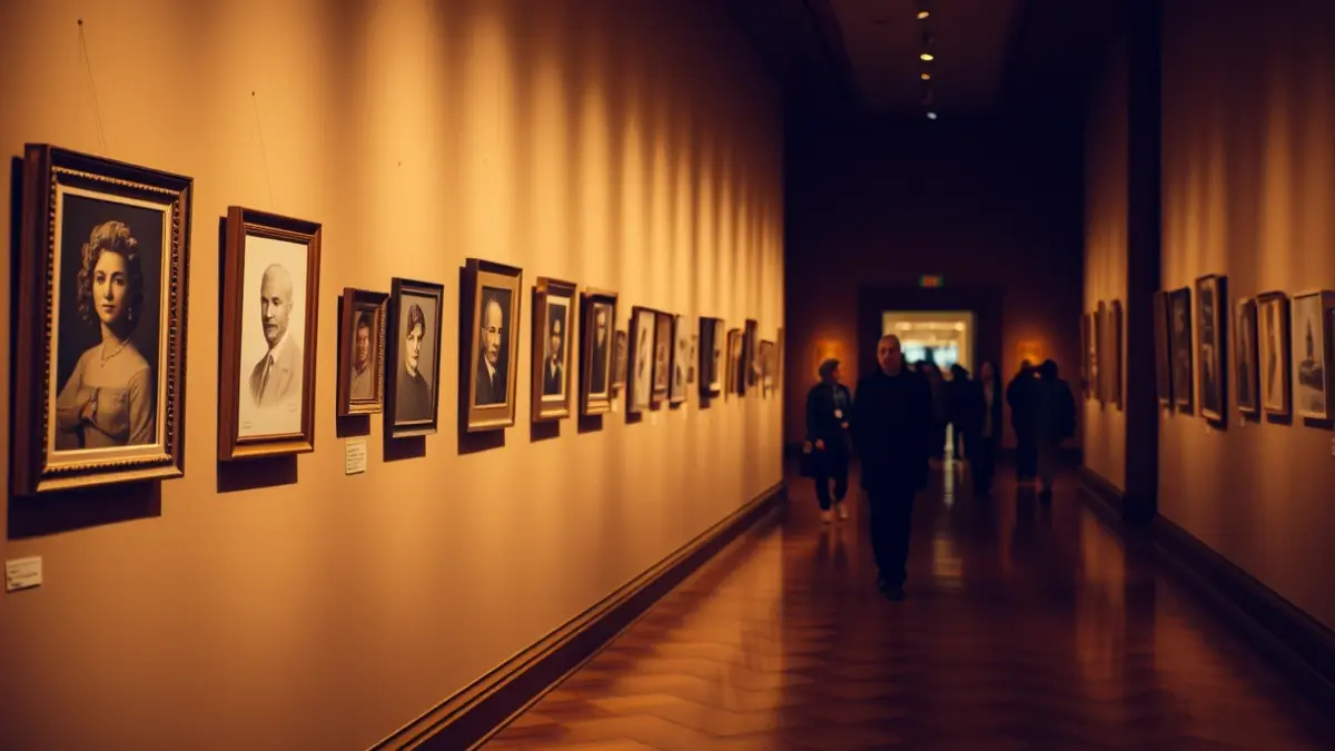 Imatge d'una sala d'exposicions amb obres d'art, principalment retrats, il·luminada càlidament.