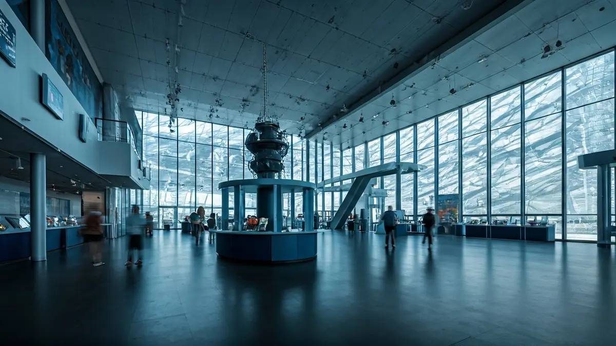 Imatge genèrica de l'interior d'un museu de ciències modern amb espais oberts i exposicions interactives.