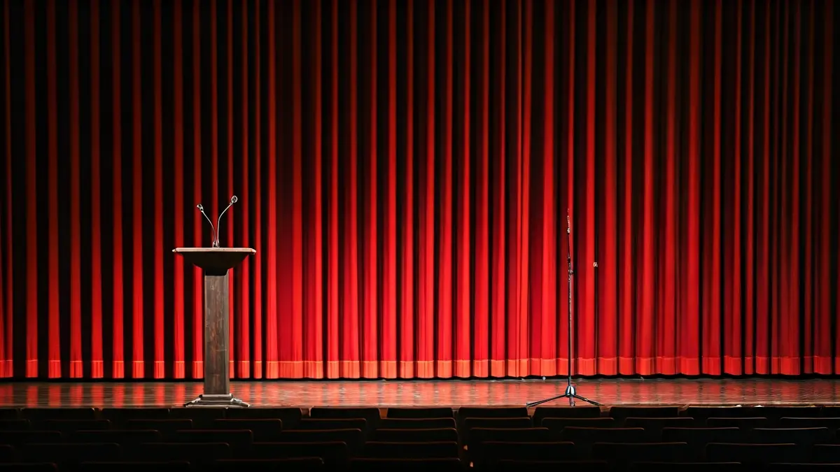 Generic image of a theater stage with red velvet curtains and a microphone under a spotlight.