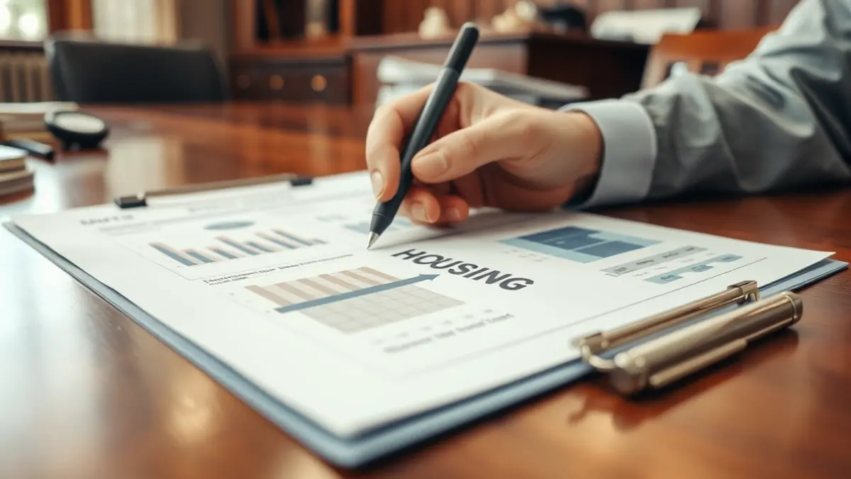Generic image of a hand pointing at a housing plan document in a government office.