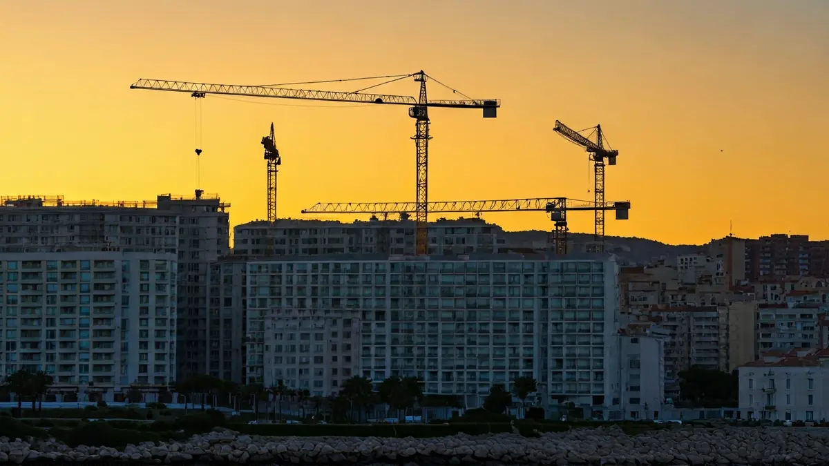 Image of luxury buildings under construction next to smaller dwellings in a Mediterranean coastal city.
