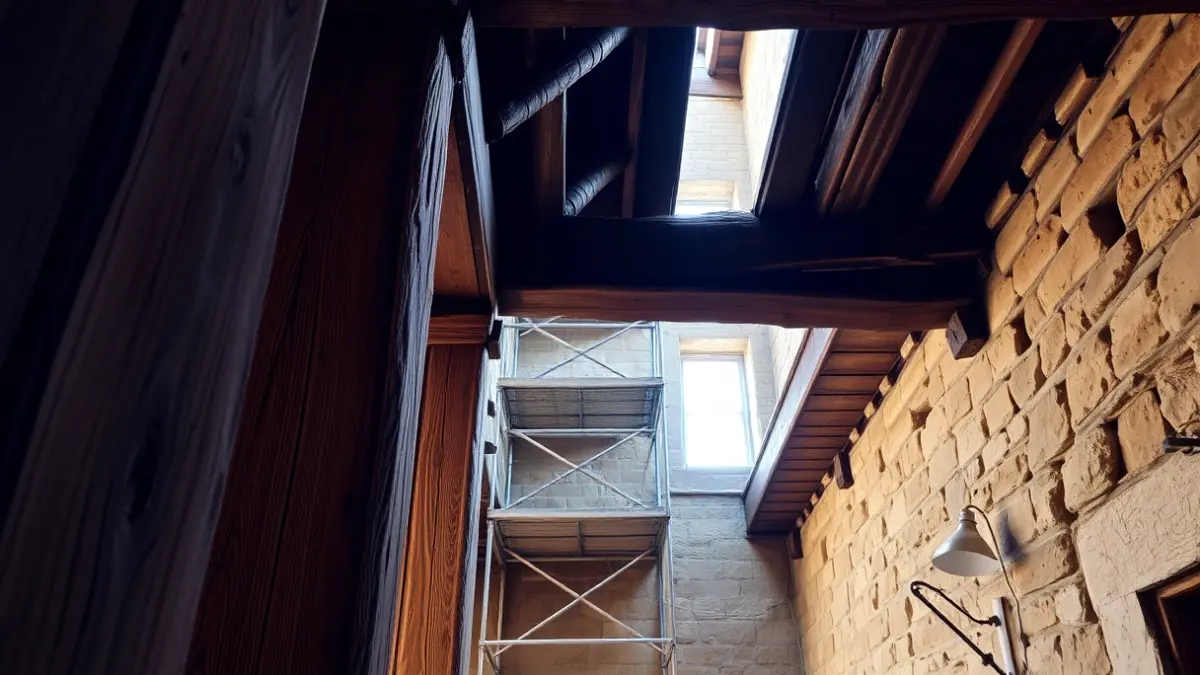 Image of wooden beams and a stone wall in a historic building under rehabilitation.