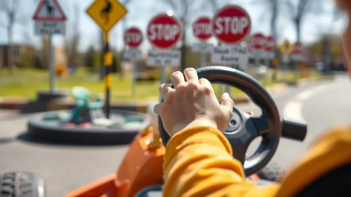 Imatge genèrica d'un xiquet conduint un kart elèctric en un parc d'educació vial.