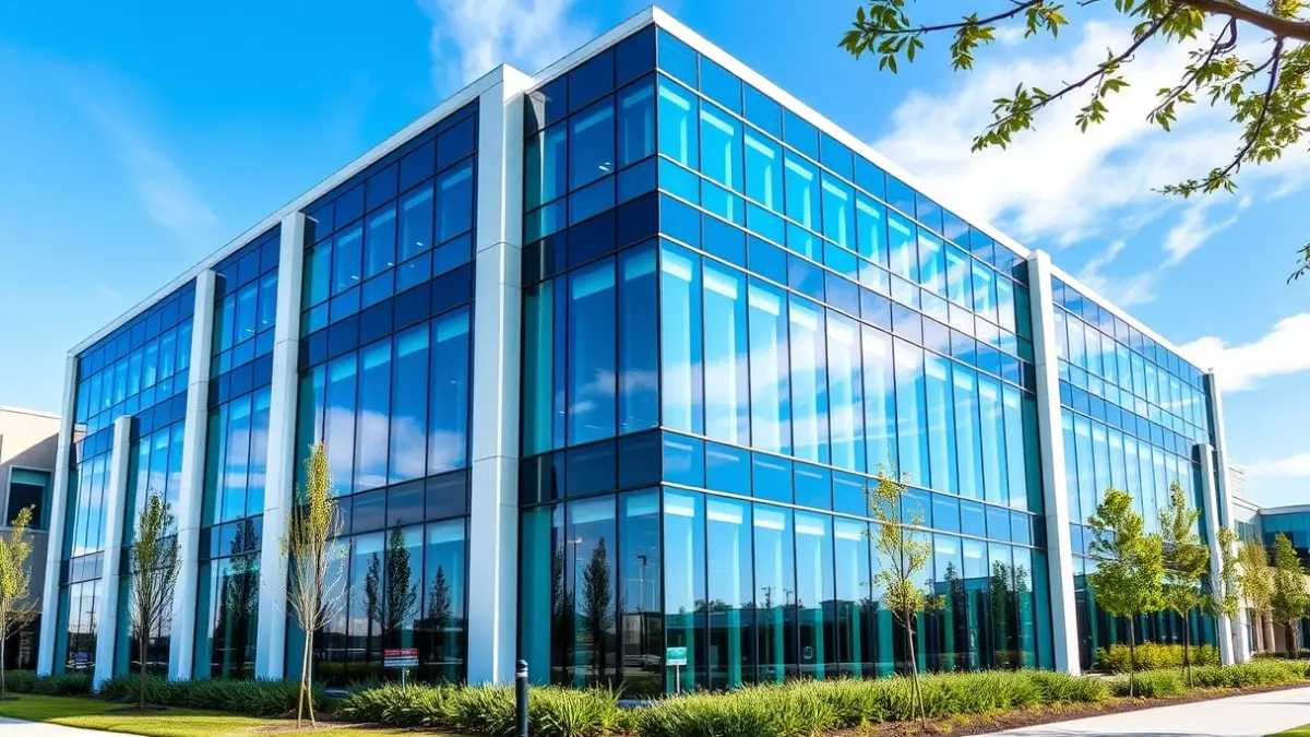 Imagen genérica de un edificio moderno en un parque tecnológico, con grandes ventanales de cristal y zonas verdes.