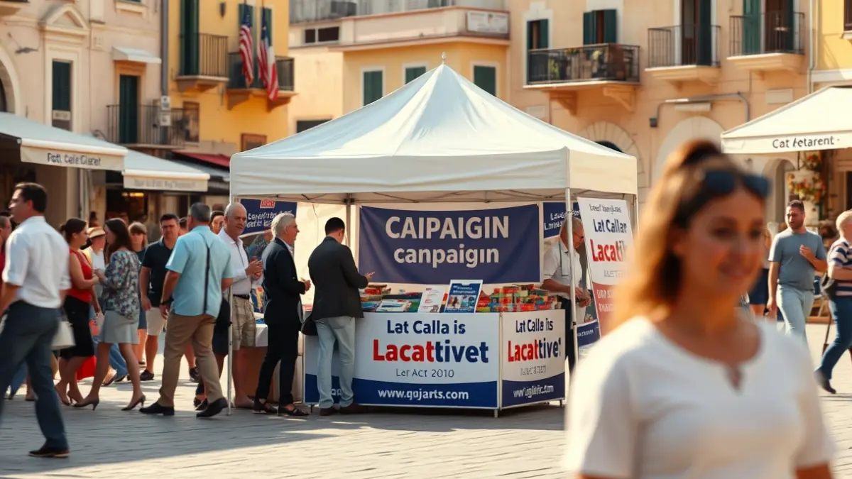 Imatge d'una carpa de campanya política en un mercat, amb gent borrosa al fons.