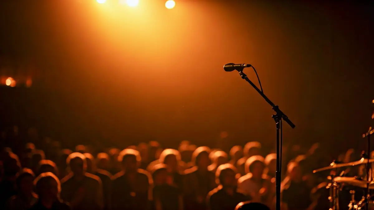 Imagen genérica de un escenario de sala de conciertos con un micrófono e instrumentos musicales.