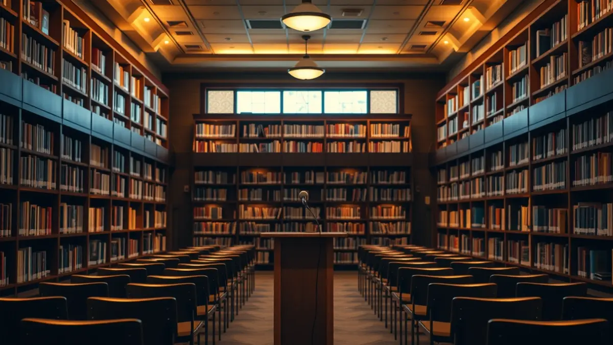 Imatge genèrica d'una biblioteca amb prestatgeries de fusta i un faristol, amb una atmosfera càlida de lectura.