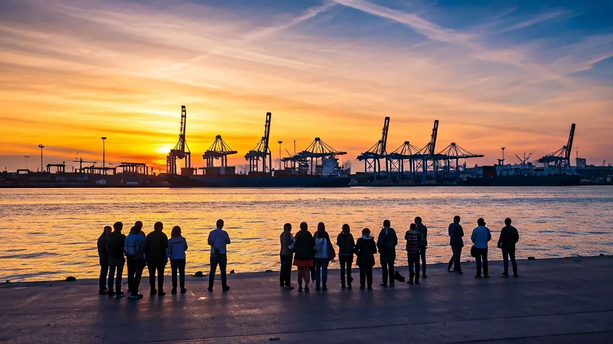 Image of the Port of Alicante at sunset, with cranes and cargo ships.