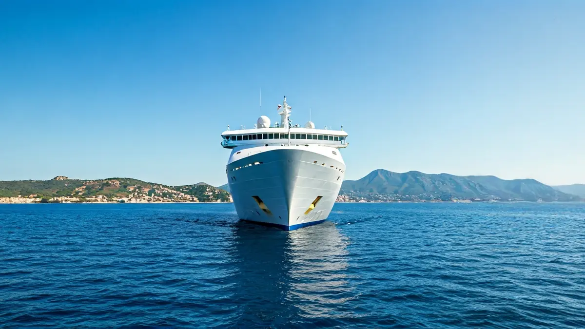 Generic image of a cruise ship sailing through blue waters with the Mediterranean coast in the background.