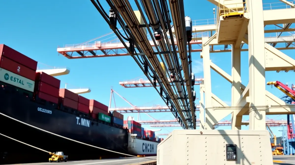 Imagen de una terminal portuaria moderna con buques de carga e infraestructura eléctrica.
