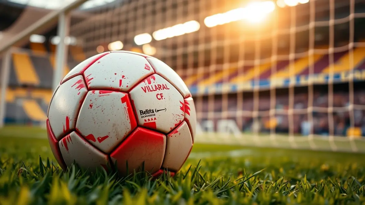 Generic image of a soccer ball on stadium grass, with a blurred goal net in the background.