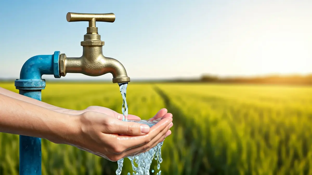 Generic image of hands collecting water from a tap, with a cultivated field in the background.