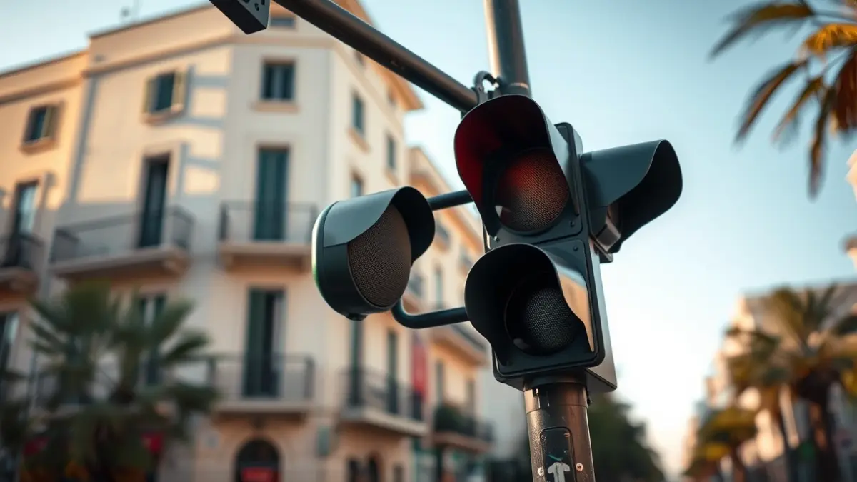 Generic image of an audible traffic light in an urban setting.