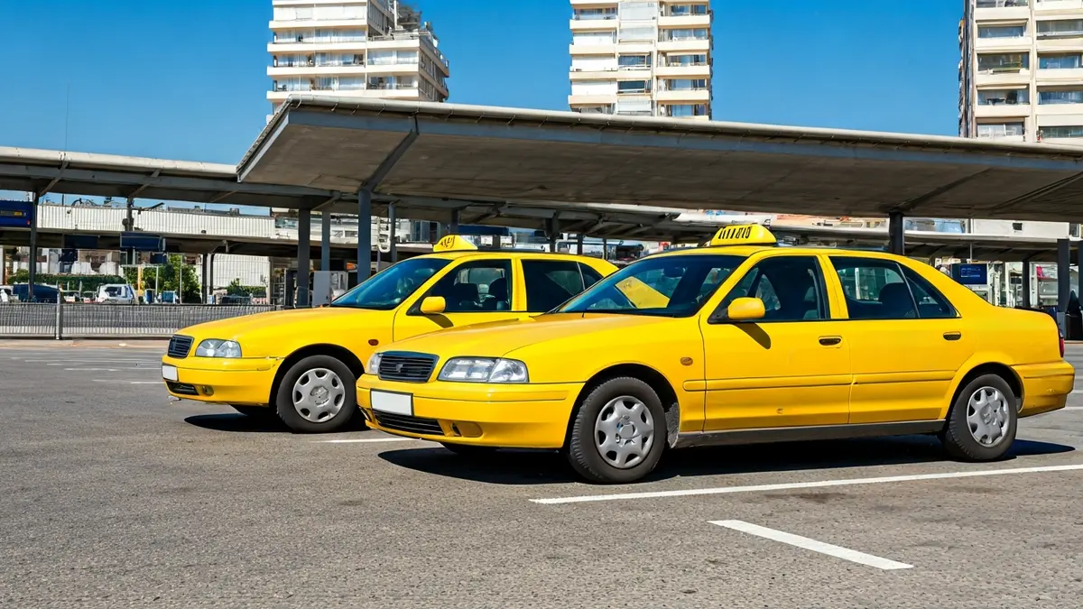 Image of two taxis in the Sagunto train station parking lot, without shade.