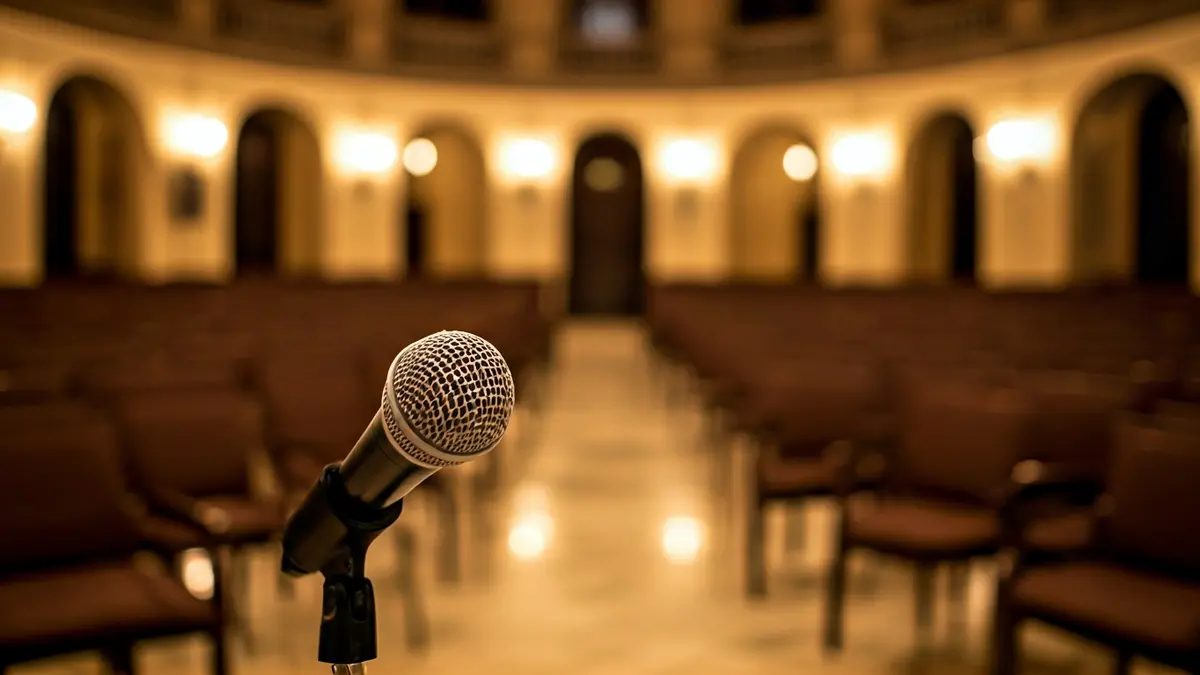 Generic image of a microphone on a podium in a civic hall, with empty chairs in the background.