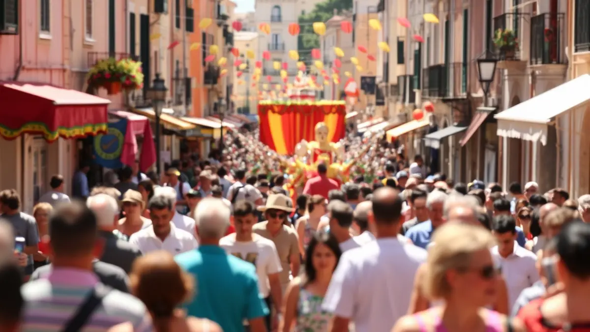 Imagen de una fiesta tradicional en una calle mediterránea, con multitud borrosa y decoraciones de colores.