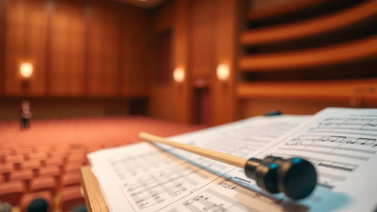 Generic image of a conductor's baton on a music stand with sheet music.