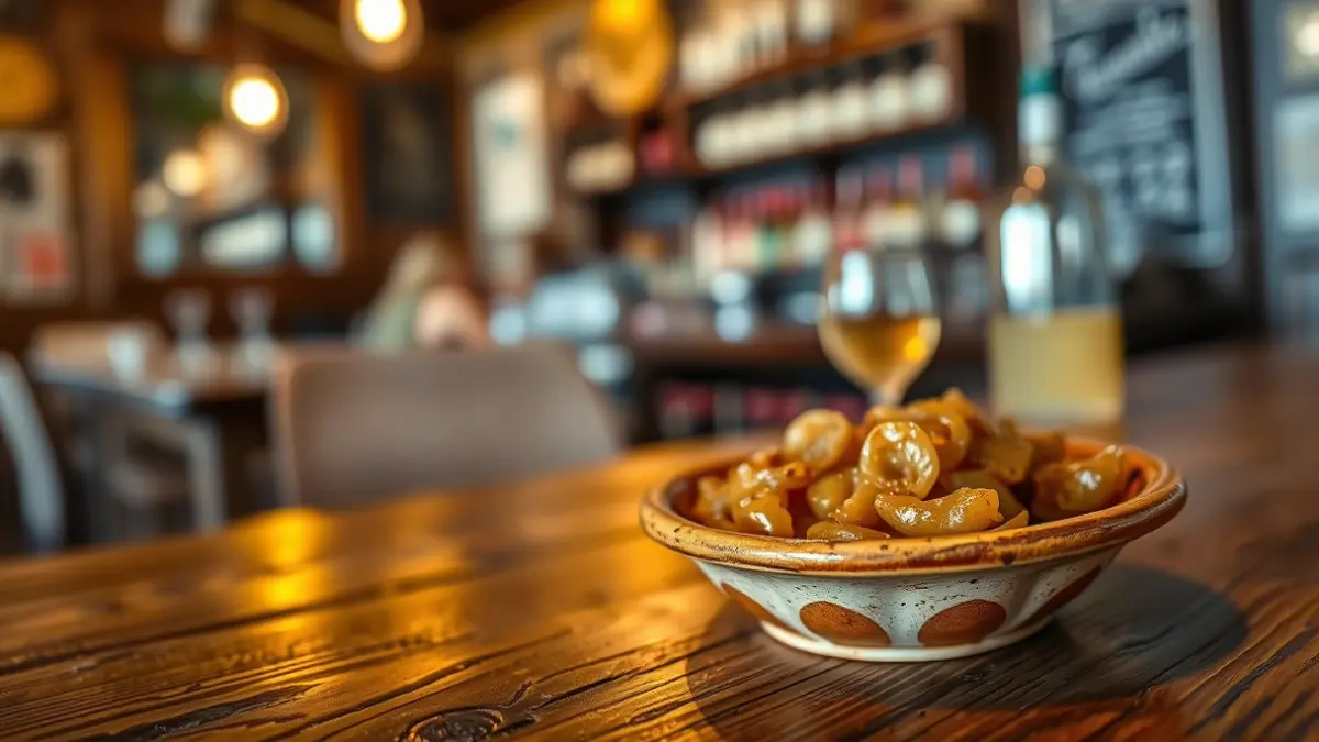Imagen de una tapa de Amparín, con sepia y cebolla, en un plato de cerámica sobre una mesa de madera.