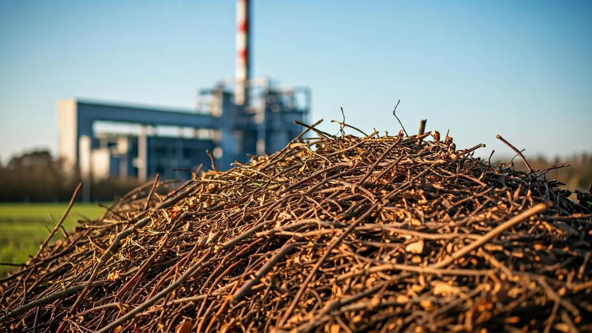 Imatge genèrica de biomassa forestal amb una instal·lació industrial al fons.