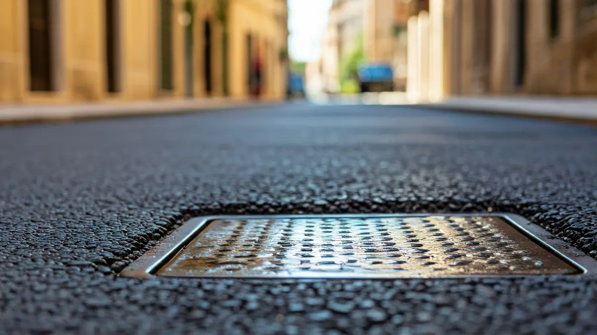 Image of a street drain partially covered by new asphalt in an old street, with water pooling around it.