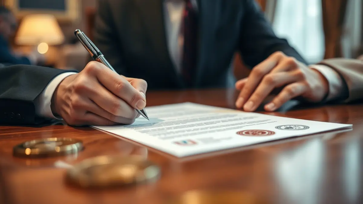 Imatge genèrica de mans signant un document oficial en una taula de fusta.