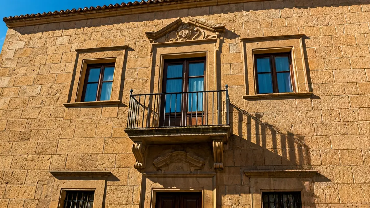 Fachada del Ayuntamiento de Castelló con balcones de hierro forjado y luz solar de tarde.