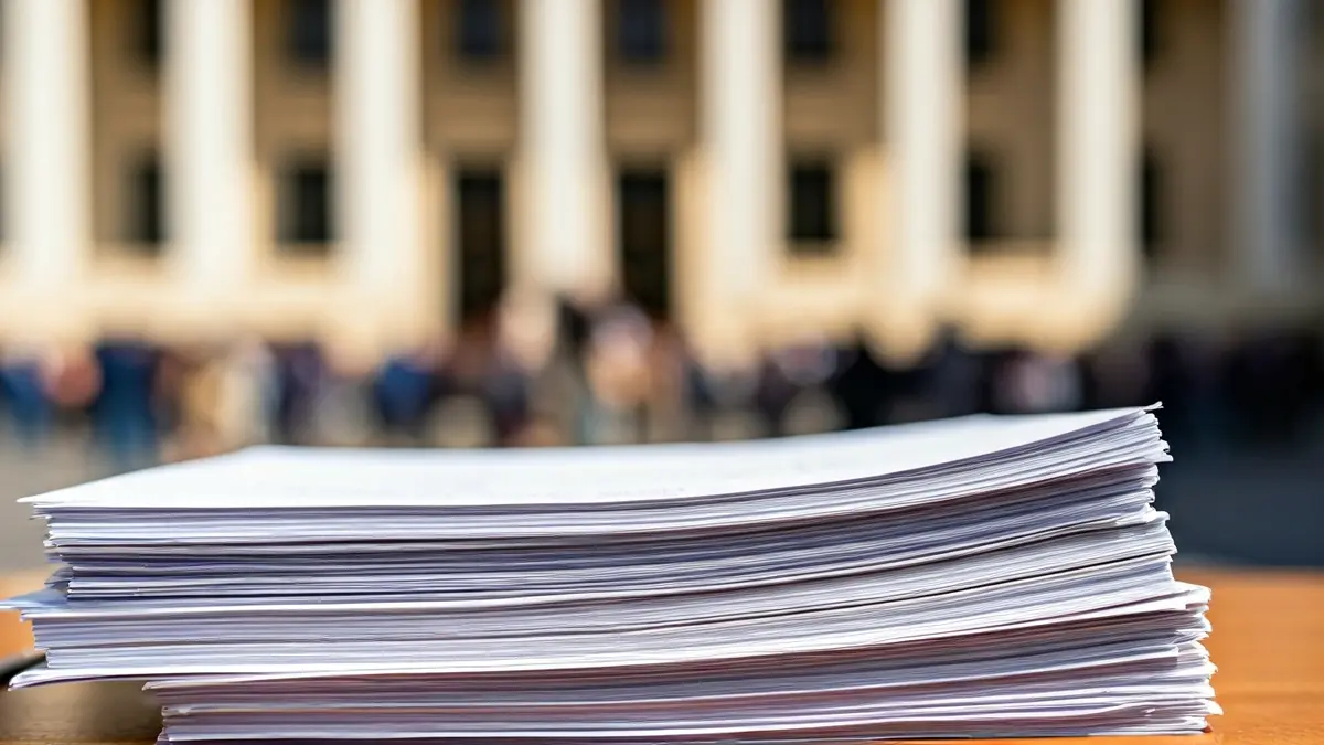 Imatge genèrica de documents oficials apilats, amb un edifici governamental desenfocat al fons.